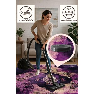 Pamuk Dokuma Taban Halı – Purple; Black; Beige – Eskitilmiş Görünümlü Abstract Desen, Makinede Yıkanabilir, Kolay Temizlenebilir, Toz Ve Tüy Tutmaz, Kaymaz, Evcil Hayvan Dostu