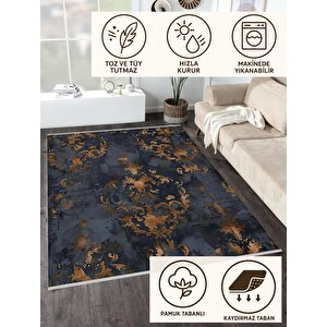 Pamuk Dokuma Taban Halı – Lacivert; Kahverengi – Damask Desen, Makinede Yıkanabilir, Kolay Temizlenebilir, Toz Ve Tüy Tutmaz, Kaymaz, Evcil Hayvan Dostu
