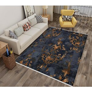 Pamuk Dokuma Taban Halı – Lacivert; Kahverengi – Damask Desen, Makinede Yıkanabilir, Kolay Temizlenebilir, Toz Ve Tüy Tutmaz, Kaymaz, Evcil Hayvan Dostu