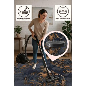 Pamuk Dokuma Taban Halı – Lacivert; Kahverengi – Damask Desen, Makinede Yıkanabilir, Kolay Temizlenebilir, Toz Ve Tüy Tutmaz, Kaymaz, Evcil Hayvan Dostu