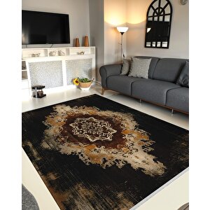 Mutfak Halısı – Kahverengi; Siyah; Bej – Eskitilmiş Görünümlü Oriental Desen, Makinede Yıkanabilir, Kolay Temizlenebilir, Toz Ve Tüy Tutmaz, Kaymaz, Evcil Hayvan Dostu 160x230 cm