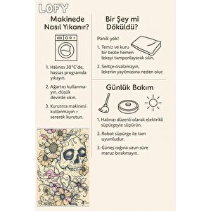 Pamuk Tabanlı Kaymaz Halı – Krem; Siyah; Sarı; Pembe – Çiçekli Ve Kafatası Desenli, Pamuk Dokuma Taban, Makinede Yıkanabilir, Kolay Temizlenebilir, Toz Ve Tüy Tutmaz, Kaymaz, Evcil Hayvan Dostu 150x300 cm