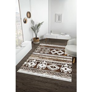Pamuk Dokuma Taban Halı – Kahverengi; Krem – Etnik Desen, Makinede Yıkanabilir, Kolay Temizlenebilir, Toz Ve Tüy Tutmaz, Kaymaz, Evcil Hayvan Dostu 200x270 cm