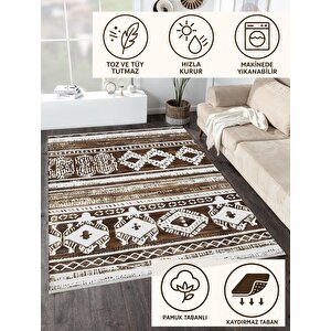 Pamuk Dokuma Taban Halı – Kahverengi; Krem – Etnik Desen, Makinede Yıkanabilir, Kolay Temizlenebilir, Toz Ve Tüy Tutmaz, Kaymaz, Evcil Hayvan Dostu 200x270 cm
