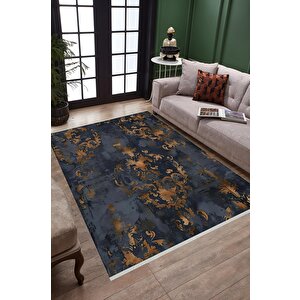 Pamuk Dokuma Taban Halı – Lacivert; Kahverengi – Damask Desen, Makinede Yıkanabilir, Kolay Temizlenebilir, Toz Ve Tüy Tutmaz, Kaymaz, Evcil Hayvan Dostu 150x240 cm