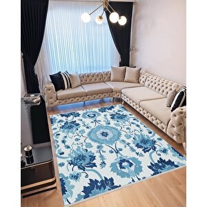 Mutfak Halısı – Mavi; Lacivert; Beyaz – Çiçek Desen, Makinede Yıkanabilir, Kolay Temizlenebilir, Toz Ve Tüy Tutmaz, Kaymaz, Evcil Hayvan Dostu