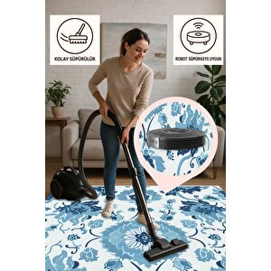 Mutfak Halısı – Mavi; Lacivert; Beyaz – Çiçek Desen, Makinede Yıkanabilir, Kolay Temizlenebilir, Toz Ve Tüy Tutmaz, Kaymaz, Evcil Hayvan Dostu