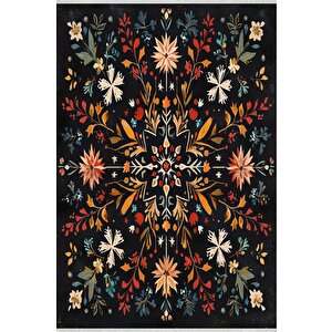 Pamuk Dokuma Taban Halı – Siyah; Kırmızı; Turuncu; Sarı; Mavi; Beyaz – Floral Desen, Makinede Yıkanabilir, Kolay Temizlenebilir, Toz Ve Tüy Tutmaz, Kaymaz, Evcil Hayvan Dostu 80x80 cm