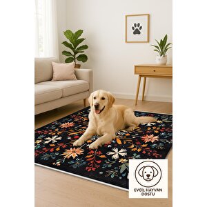 Pamuk Dokuma Taban Halı – Siyah; Kırmızı; Turuncu; Sarı; Mavi; Beyaz – Floral Desen, Makinede Yıkanabilir, Kolay Temizlenebilir, Toz Ve Tüy Tutmaz, Kaymaz, Evcil Hayvan Dostu
