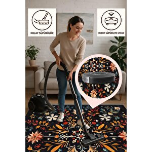 Pamuk Dokuma Taban Halı – Siyah; Kırmızı; Turuncu; Sarı; Mavi; Beyaz – Floral Desen, Makinede Yıkanabilir, Kolay Temizlenebilir, Toz Ve Tüy Tutmaz, Kaymaz, Evcil Hayvan Dostu