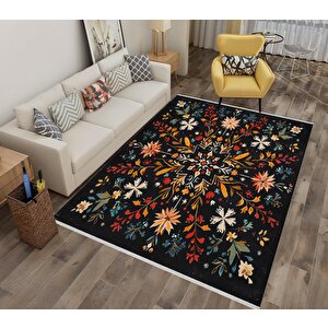 Pamuk Dokuma Taban Halı – Siyah; Kırmızı; Turuncu; Sarı; Mavi; Beyaz – Floral Desen, Makinede Yıkanabilir, Kolay Temizlenebilir, Toz Ve Tüy Tutmaz, Kaymaz, Evcil Hayvan Dostu