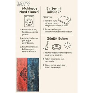 Pamuk Dokuma Taban Halı – Kırmızı; Lacivert – Eskitilmiş Görünümlü Tasarım, Makinede Yıkanabilir, Kolay Temizlenebilir, Toz Ve Tüy Tutmaz, Kaymaz, Evcil Hayvan Dostu