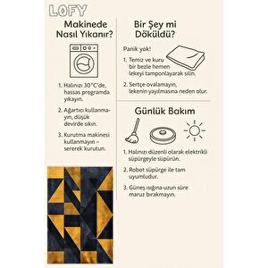Pamuk Dokuma Taban Halı – Sarı; Siyah – Geometrik Desen, Makinede Yıkanabilir, Kolay Temizlenebilir, Toz Ve Tüy Tutmaz, Kaymaz, Evcil Hayvan Dostu