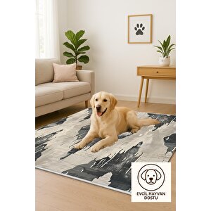 Pamuk Dokuma Taban Halı – Siyah; Krem – Soyut Desen, Makinede Yıkanabilir, Kolay Temizlenebilir, Toz Ve Tüy Tutmaz, Kaymaz, Evcil Hayvan Dostu 80x150 cm