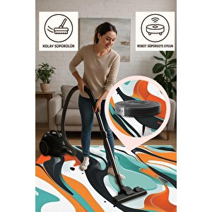 Oturma Odası Halısı – Turuncu; Turkuaz – Soyut Desen, Makinede Yıkanabilir, Kolay Temizlenebilir, Toz Ve Tüy Tutmaz, Kaymaz, Evcil Hayvan Dostu