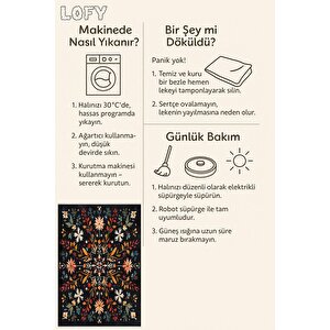 Pamuk Dokuma Taban Halı – Siyah; Kırmızı; Turuncu; Sarı; Mavi; Beyaz – Floral Desen, Makinede Yıkanabilir, Kolay Temizlenebilir, Toz Ve Tüy Tutmaz, Kaymaz, Evcil Hayvan Dostu
