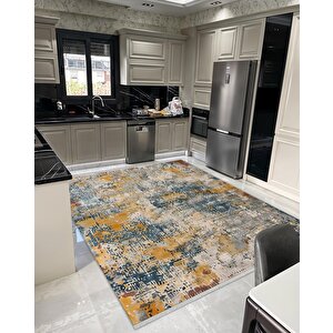 Pamuk Tabanlı Kaymaz Halı – Mavi; Sarı; Bej; Gri – Soyut Desen, Pamuk Dokuma Taban, Makinede Yıkanabilir, Kolay Temizlenebilir, Toz Ve Tüy Tutmaz, Kaymaz, Evcil Hayvan Dostu