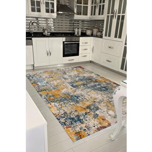 Pamuk Tabanlı Kaymaz Halı – Mavi; Sarı; Bej; Gri – Soyut Desen, Pamuk Dokuma Taban, Makinede Yıkanabilir, Kolay Temizlenebilir, Toz Ve Tüy Tutmaz, Kaymaz, Evcil Hayvan Dostu