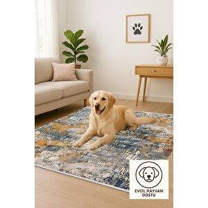 Pamuk Tabanlı Kaymaz Halı – Mavi; Sarı; Bej; Gri – Soyut Desen, Pamuk Dokuma Taban, Makinede Yıkanabilir, Kolay Temizlenebilir, Toz Ve Tüy Tutmaz, Kaymaz, Evcil Hayvan Dostu 120x270 cm