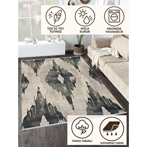 Pamuk Dokuma Taban Halı – Siyah; Krem – Soyut Desen, Makinede Yıkanabilir, Kolay Temizlenebilir, Toz Ve Tüy Tutmaz, Kaymaz, Evcil Hayvan Dostu