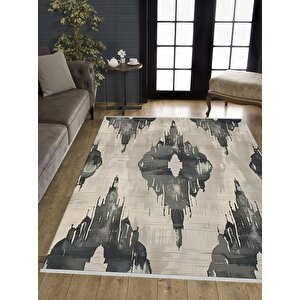 Pamuk Dokuma Taban Halı – Siyah; Krem – Soyut Desen, Makinede Yıkanabilir, Kolay Temizlenebilir, Toz Ve Tüy Tutmaz, Kaymaz, Evcil Hayvan Dostu