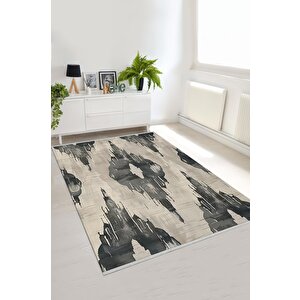 Pamuk Dokuma Taban Halı – Siyah; Krem – Soyut Desen, Makinede Yıkanabilir, Kolay Temizlenebilir, Toz Ve Tüy Tutmaz, Kaymaz, Evcil Hayvan Dostu