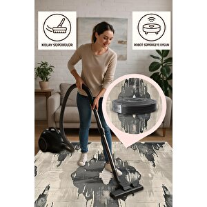 Pamuk Dokuma Taban Halı – Siyah; Krem – Soyut Desen, Makinede Yıkanabilir, Kolay Temizlenebilir, Toz Ve Tüy Tutmaz, Kaymaz, Evcil Hayvan Dostu