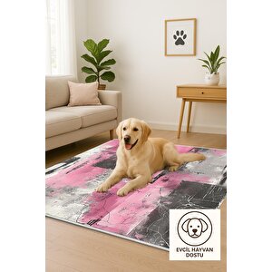 Robot Süpürgeye Uygun Halı – Pamuk Dokuma Taban Halı – Pembe; Siyah; Beyaz – Eskitilmiş Görünümlü (vintage Look) Desen, Makinede Yıkanabilir, Kolay Temizlenebilir, Toz Ve Tüy Tutmaz, Kaymaz, Evcil Hayvan Dostu