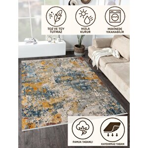 Pamuk Tabanlı Kaymaz Halı – Mavi; Sarı; Bej; Gri – Soyut Desen, Pamuk Dokuma Taban, Makinede Yıkanabilir, Kolay Temizlenebilir, Toz Ve Tüy Tutmaz, Kaymaz, Evcil Hayvan Dostu