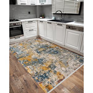 Pamuk Tabanlı Kaymaz Halı – Mavi; Sarı; Bej; Gri – Soyut Desen, Pamuk Dokuma Taban, Makinede Yıkanabilir, Kolay Temizlenebilir, Toz Ve Tüy Tutmaz, Kaymaz, Evcil Hayvan Dostu