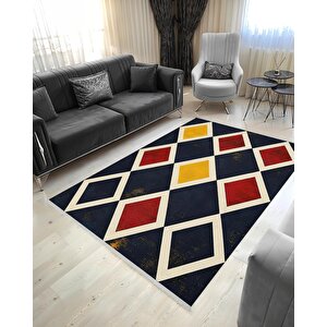 Mutfak Halısı – Lacivert; Kırmızı; Sarı; Krem – Geometrik Desen, Makinede Yıkanabilir, Kolay Temizlenebilir, Toz Ve Tüy Tutmaz, Kaymaz, Evcil Hayvan Dostu 150x240 cm