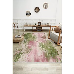 Oturma Odası Halısı – Yeşil; Pembe – Eskitilmiş Görünümlü Tasarım, Makinede Yıkanabilir, Kolay Temizlenebilir, Toz Ve Tüy Tutmaz, Kaymaz, Evcil Hayvan Dostu
