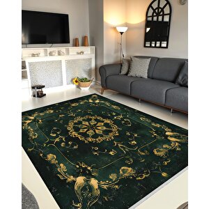 Mutfak Halısı – Yeşil; Altın – Eskitilmiş Görünümlü Oriental Desen, Makinede Yıkanabilir, Kolay Temizlenebilir, Toz Ve Tüy Tutmaz, Kaymaz, Evcil Hayvan Dostu 80x80 cm