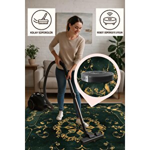 Mutfak Halısı – Yeşil; Altın – Eskitilmiş Görünümlü Oriental Desen, Makinede Yıkanabilir, Kolay Temizlenebilir, Toz Ve Tüy Tutmaz, Kaymaz, Evcil Hayvan Dostu