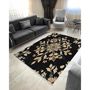 Mutfak Halısı – Siyah; Bej; Kahverengi – Floral Desen, Makinede Yıkanabilir, Kolay Temizlenebilir, Toz Ve Tüy Tutmaz, Kaymaz, Evcil Hayvan Dostu 120x270 cm