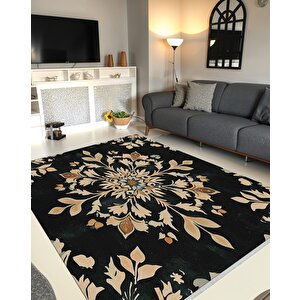 Mutfak Halısı – Siyah; Bej; Kahverengi – Floral Desen, Makinede Yıkanabilir, Kolay Temizlenebilir, Toz Ve Tüy Tutmaz, Kaymaz, Evcil Hayvan Dostu 120x270 cm