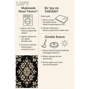 Mutfak Halısı – Siyah; Bej; Kahverengi – Floral Desen, Makinede Yıkanabilir, Kolay Temizlenebilir, Toz Ve Tüy Tutmaz, Kaymaz, Evcil Hayvan Dostu