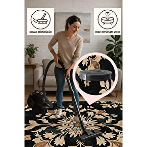 Mutfak Halısı – Siyah; Bej; Kahverengi – Floral Desen, Makinede Yıkanabilir, Kolay Temizlenebilir, Toz Ve Tüy Tutmaz, Kaymaz, Evcil Hayvan Dostu