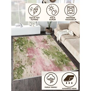 Oturma Odası Halısı – Yeşil; Pembe – Eskitilmiş Görünümlü Tasarım, Makinede Yıkanabilir, Kolay Temizlenebilir, Toz Ve Tüy Tutmaz, Kaymaz, Evcil Hayvan Dostu 150x300 cm
