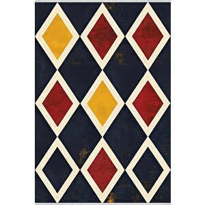 Mutfak Halısı – Lacivert; Kırmızı; Sarı; Krem – Geometrik Desen, Makinede Yıkanabilir, Kolay Temizlenebilir, Toz Ve Tüy Tutmaz, Kaymaz, Evcil Hayvan Dostu 150x300 cm