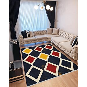 Mutfak Halısı – Lacivert; Kırmızı; Sarı; Krem – Geometrik Desen, Makinede Yıkanabilir, Kolay Temizlenebilir, Toz Ve Tüy Tutmaz, Kaymaz, Evcil Hayvan Dostu 150x300 cm