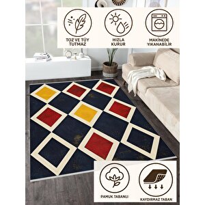 Mutfak Halısı – Lacivert; Kırmızı; Sarı; Krem – Geometrik Desen, Makinede Yıkanabilir, Kolay Temizlenebilir, Toz Ve Tüy Tutmaz, Kaymaz, Evcil Hayvan Dostu