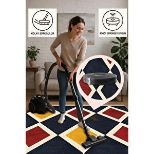 Mutfak Halısı – Lacivert; Kırmızı; Sarı; Krem – Geometrik Desen, Makinede Yıkanabilir, Kolay Temizlenebilir, Toz Ve Tüy Tutmaz, Kaymaz, Evcil Hayvan Dostu
