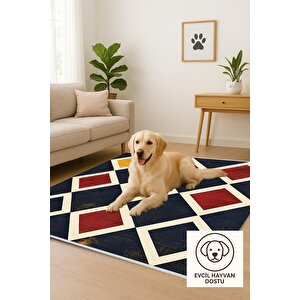 Mutfak Halısı – Lacivert; Kırmızı; Sarı; Krem – Geometrik Desen, Makinede Yıkanabilir, Kolay Temizlenebilir, Toz Ve Tüy Tutmaz, Kaymaz, Evcil Hayvan Dostu