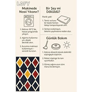 Mutfak Halısı – Lacivert; Kırmızı; Sarı; Krem – Geometrik Desen, Makinede Yıkanabilir, Kolay Temizlenebilir, Toz Ve Tüy Tutmaz, Kaymaz, Evcil Hayvan Dostu