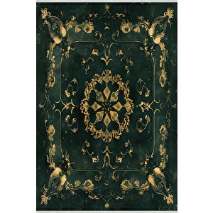Mutfak Halısı – Yeşil; Altın – Eskitilmiş Görünümlü Oriental Desen, Makinede Yıkanabilir, Kolay Temizlenebilir, Toz Ve Tüy Tutmaz, Kaymaz, Evcil Hayvan Dostu 160x180 cm