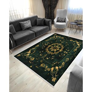 Mutfak Halısı – Yeşil; Altın – Eskitilmiş Görünümlü Oriental Desen, Makinede Yıkanabilir, Kolay Temizlenebilir, Toz Ve Tüy Tutmaz, Kaymaz, Evcil Hayvan Dostu 160x180 cm