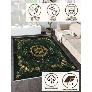 Mutfak Halısı – Yeşil; Altın – Eskitilmiş Görünümlü Oriental Desen, Makinede Yıkanabilir, Kolay Temizlenebilir, Toz Ve Tüy Tutmaz, Kaymaz, Evcil Hayvan Dostu