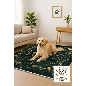 Mutfak Halısı – Yeşil; Altın – Eskitilmiş Görünümlü Oriental Desen, Makinede Yıkanabilir, Kolay Temizlenebilir, Toz Ve Tüy Tutmaz, Kaymaz, Evcil Hayvan Dostu