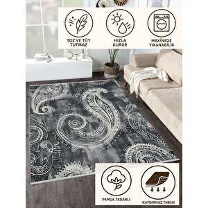Pamuk Dokuma Taban Halı – Siyah; Beyaz; Gri – Paisley Desen, Makinede Yıkanabilir, Kolay Temizlenebilir, Toz Ve Tüy Tutmaz, Kaymaz, Evcil Hayvan Dostu 200x220 cm
